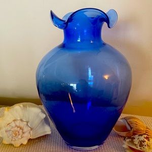 Vintage Blue Blown Glass Vase-Hombre Blue Clear Glass w Ribbon Top Opening-